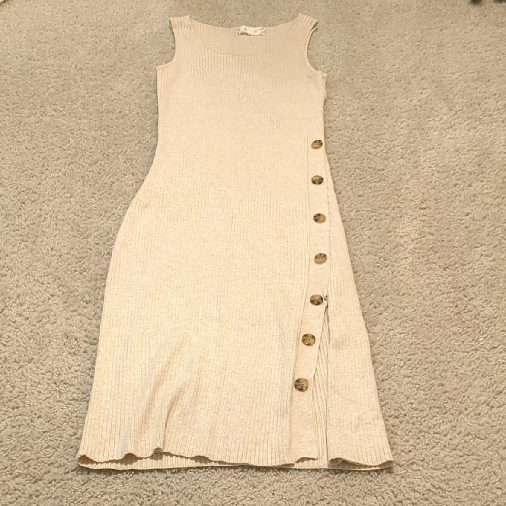 Pink Rose Beige Button-Detail Midi Dress